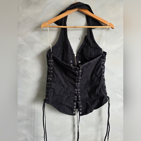 Vtg Harley-Davidson Womens M Corset Halter Lace Up Zip Embroidered Top Y2K - Picture 9 of 15